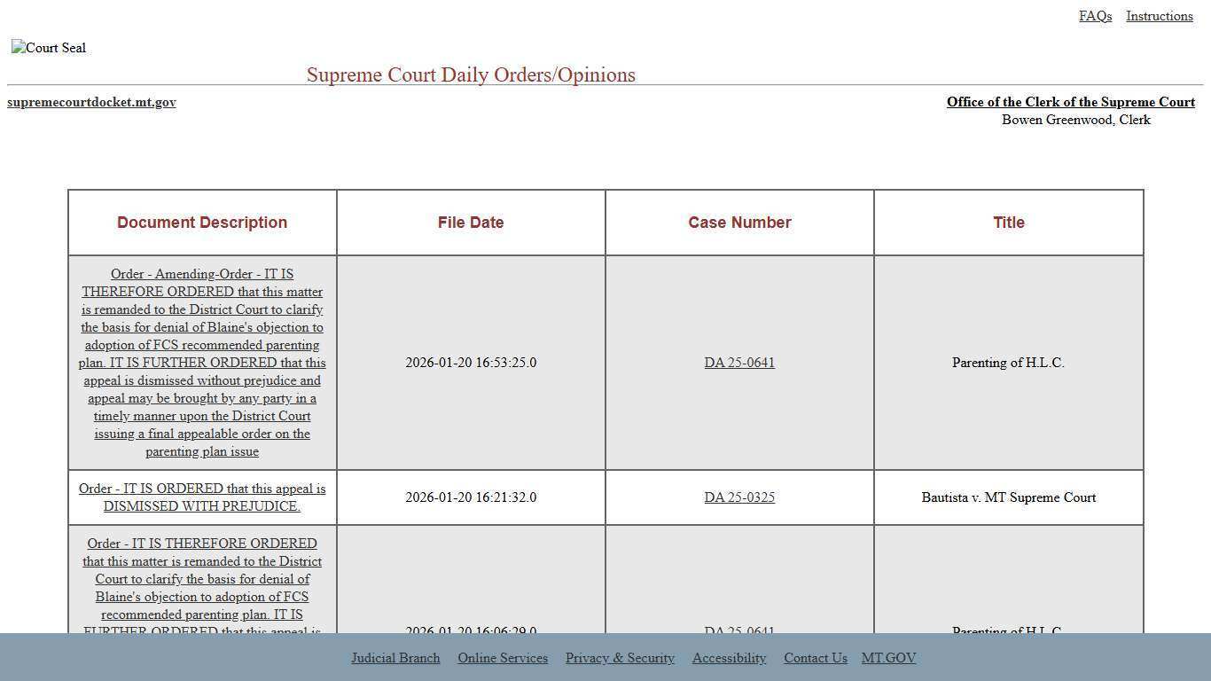 Montana Supreme Court - DAILY ORDERS
